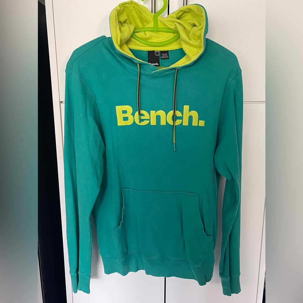 Bench Men’s Hoodie Size Small S Turquoise With Yellow Logo, Kangaroo Pocket